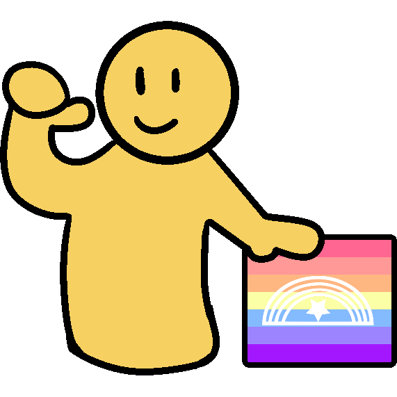 a smiling yellow person points to themself with one hand, and has the other flat on the xenogender flag.